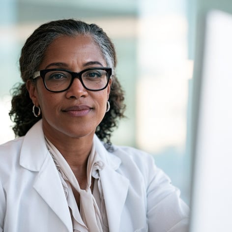Radiologist at an enterprise reading-room workstation.
