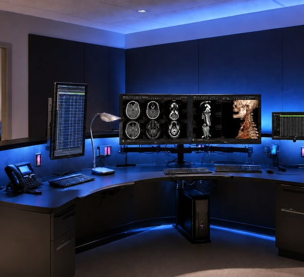 eUnity diagnostic viewer on a radiology reading workstation.