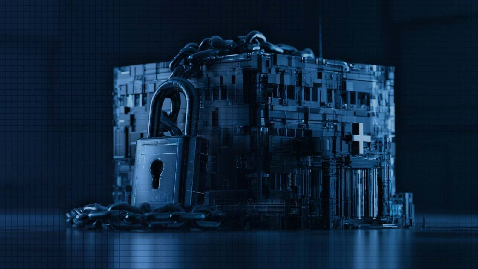 A padlock and chain around a blocky data vault marked with a medical cross