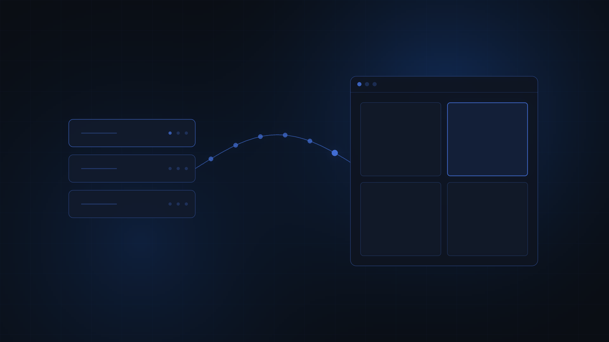 Abstract dark blue illustration of a viewer window and an archive stack joined by a path of six points.