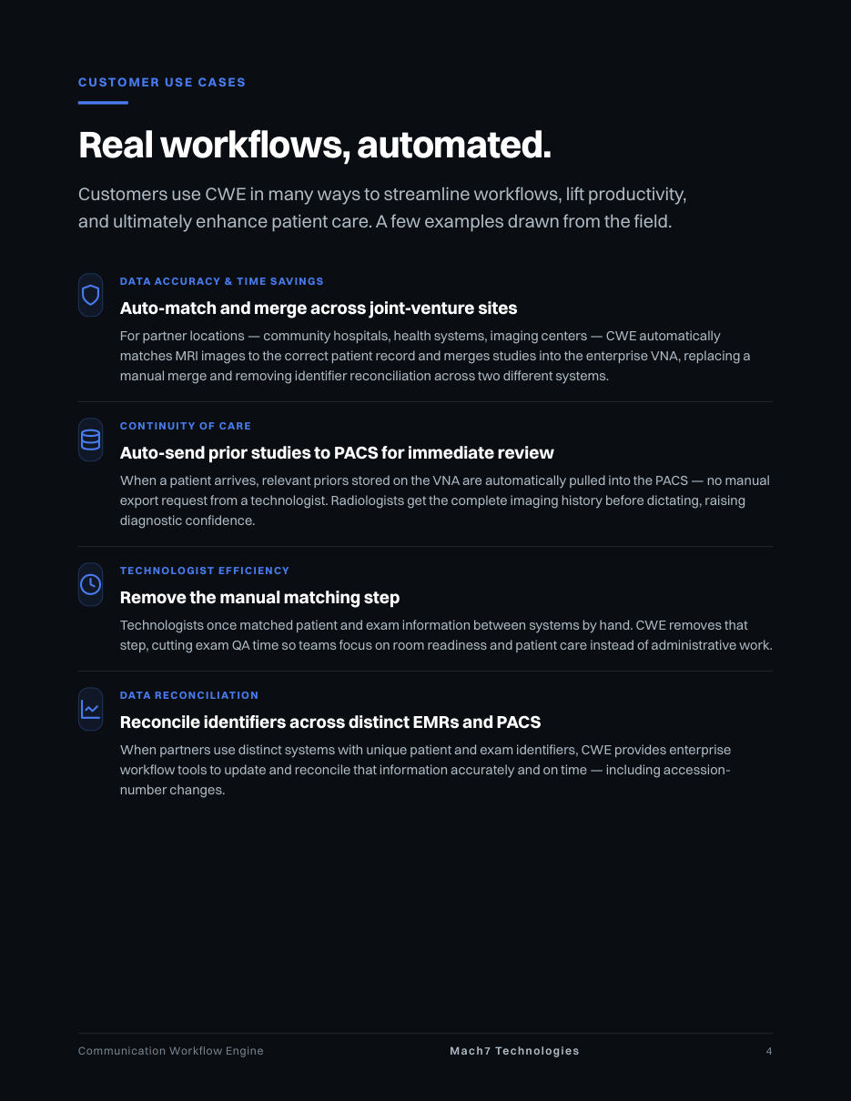 Mach7 Communication Workflow Engine, page 4: Real workflows, automated