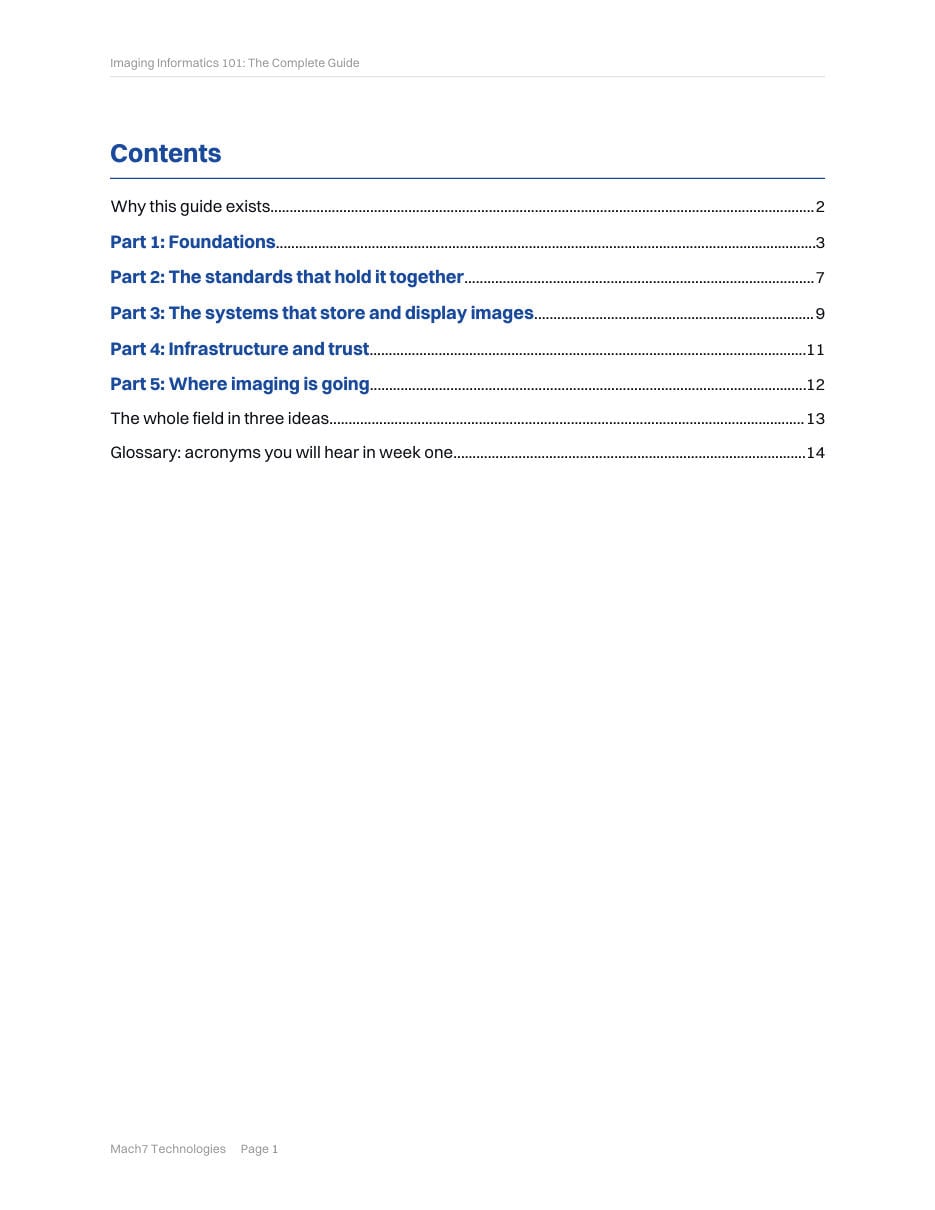 Contents page of Imaging Informatics 101, listing five parts and a glossary