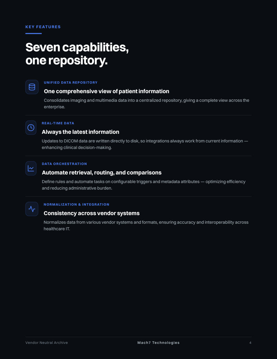Mach7 Vendor Neutral Archive, page 4: Seven capabilities